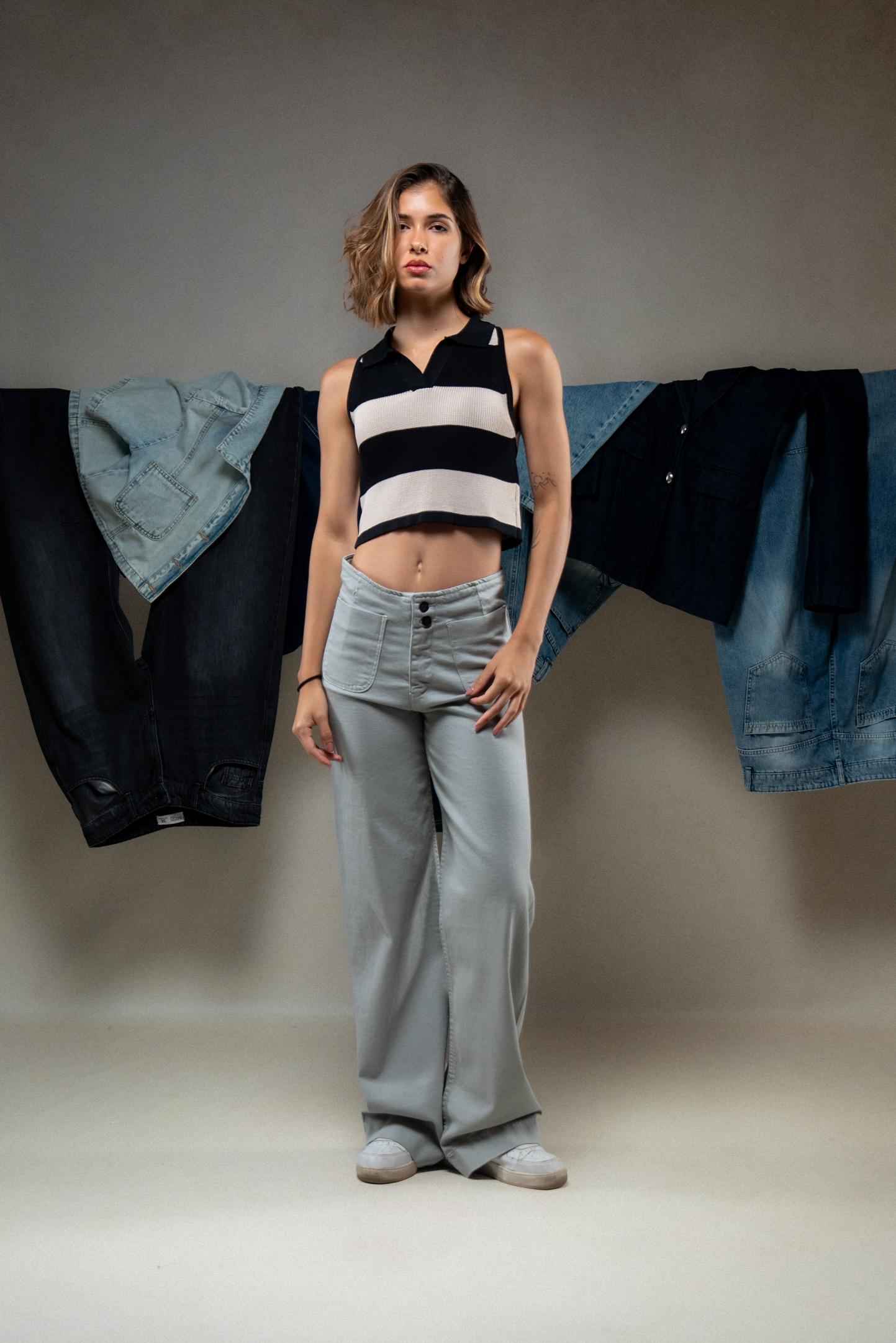 Two-Tone Knit Polo Crop Top
