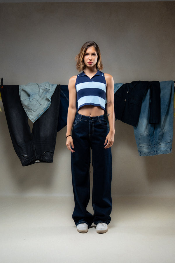 Contrast Stripe Polo Crop Top