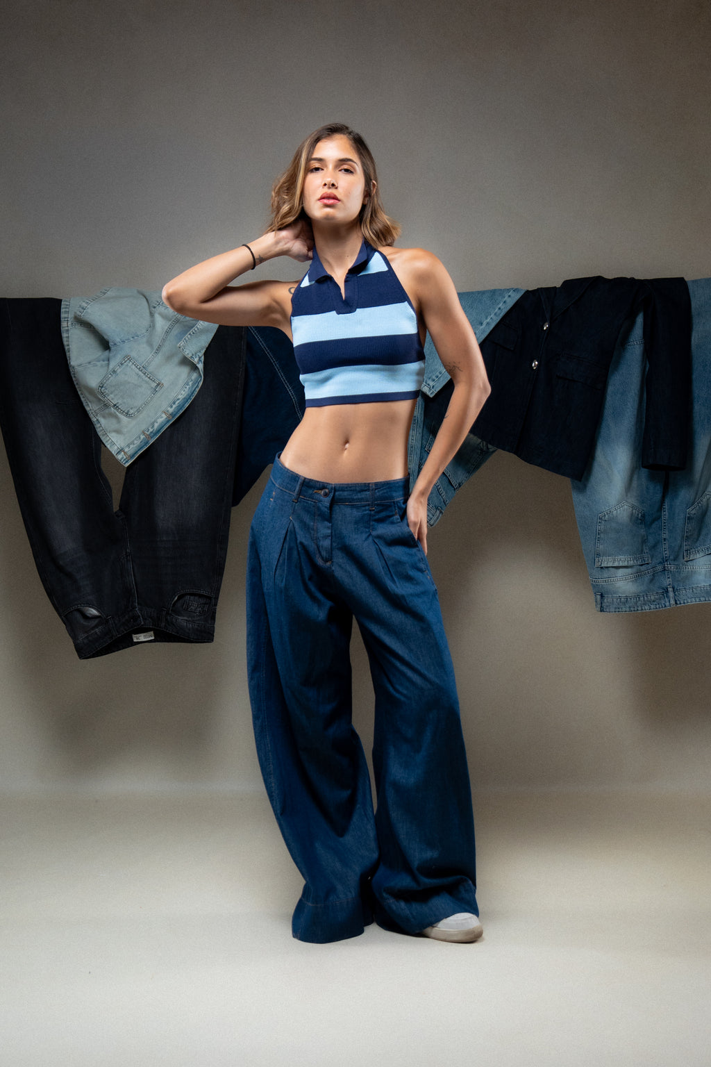 Two-Tone Knit Polo Crop Top