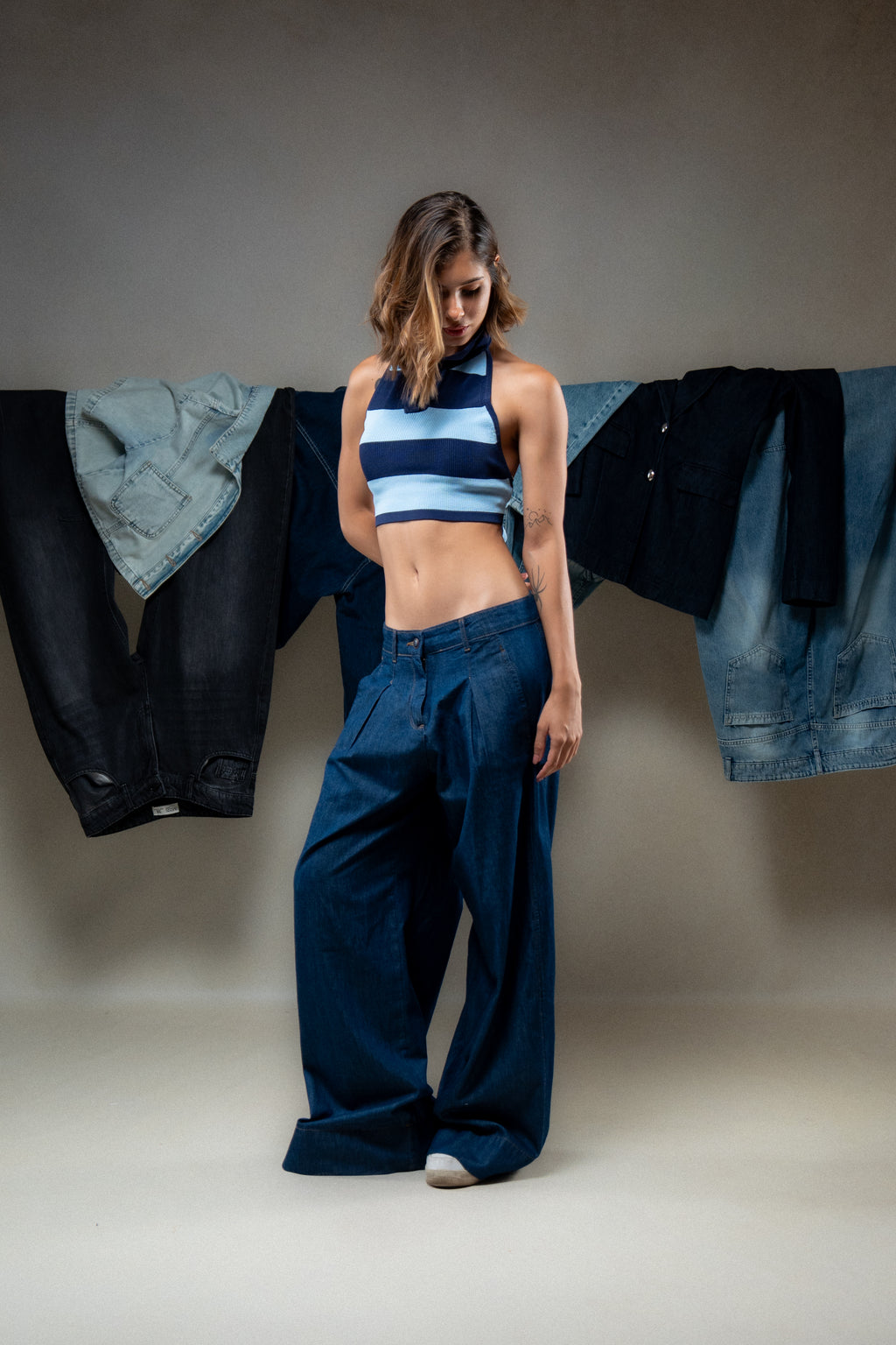 Two-Tone Knit Polo Crop Top